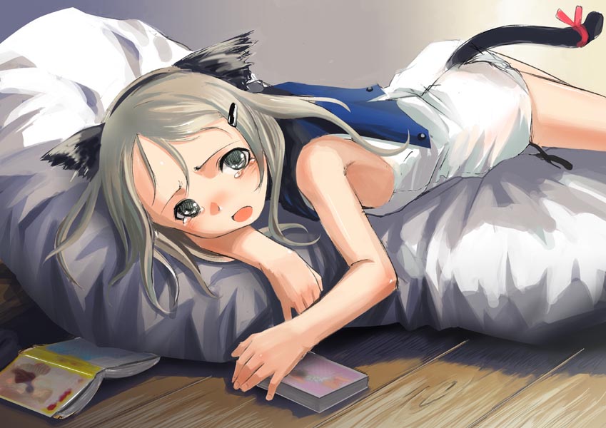 original, 1girl, animal ears, black eyes, blush, body blush, book, cat ears, cat girl, cat tail, female focus, grey eyes, grey hair, hair ornament, hairclip, lying, on stomach, open mouth, ribbon, solo, tail, tail ornament, tail ribbon, tears