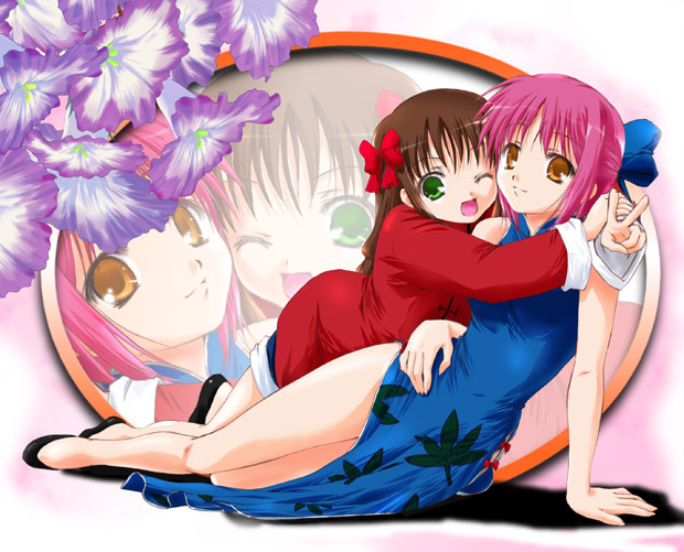 q-gaku, arima miyako, kohaku (tsukihime), mr. chin, melty blood, tsukihime, 00s, 2girls, :d, arm support, bent over, bow, brown hair, china dress, chinese clothes, denim, denim shorts, dress, flower, green eyes, hair bow, hair ribbon, half updo, hand on own hip, hip focus, hug, leaf, legs, long hair, lying, multicolored flower, multiple girls, on side, one eye closed, open mouth, orange eyes, pink hair, ribbon, shoes, short hair, shorts, smile, tangzhuang, v, wink, zoom layer