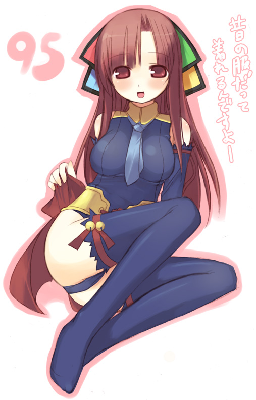 kashiwamochi yomogi, 95-tan, os-tan, translated, bell, blue thighhighs, frilled thighhighs, frills, jingle bell, meme, neta, solo, thighhighs