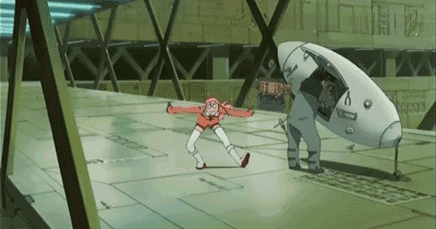 chiko, casio takashirou, nono (top wo nerae 2!), tycho science, top wo nerae! (series), top wo nerae 2!, lights, striped legwear, uniform, animated, animated gif, anime screenshot, lowres, 00s, 1boy, 2girls, :d, ^ ^, age difference, attack, boots, closed eyes, flying kick, gloves, hat, hood, indoors, jumpsuit, kicking, knee boots, leotard, long sleeves, microgravity, multicolored hair, multiple girls, open mouth, pink hair, purple hair, short twintails, smile, standing, striped clothes, striped thighhighs, thigh boots, thighhighs, twintails, two-tone hair, white hair, zero gravity, zettai ryouiki