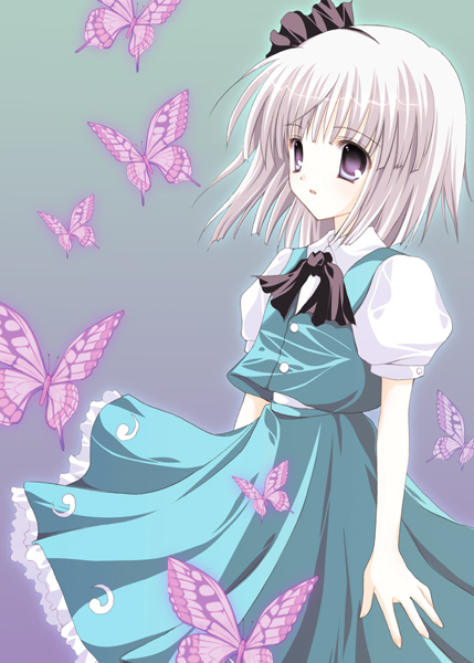 shirogane hina, konpaku youmu, touhou, silver hair, 1girl, blouse, blue eyes, blunt bangs, bug, butterfly, collared shirt, dress, female focus, gradient background, hairband, insect, neck ribbon, ribbon, shirt, short hair, solo, vest, white shirt