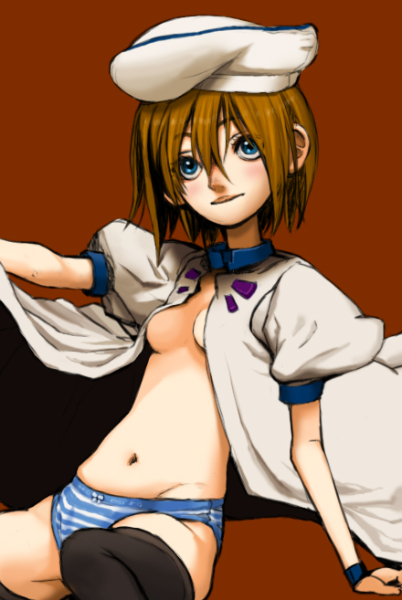 tomohi, ryuuguu rena, higurashi no naku koro ni, 00s, 1girl, beret, black thighhighs, blouse, blue panties, brown background, female focus, hair between eyes, hat, open clothes, open shirt, panties, shirt, simple background, sitting, solo, striped clothes, striped panties, thighhighs, underwear, white shirt