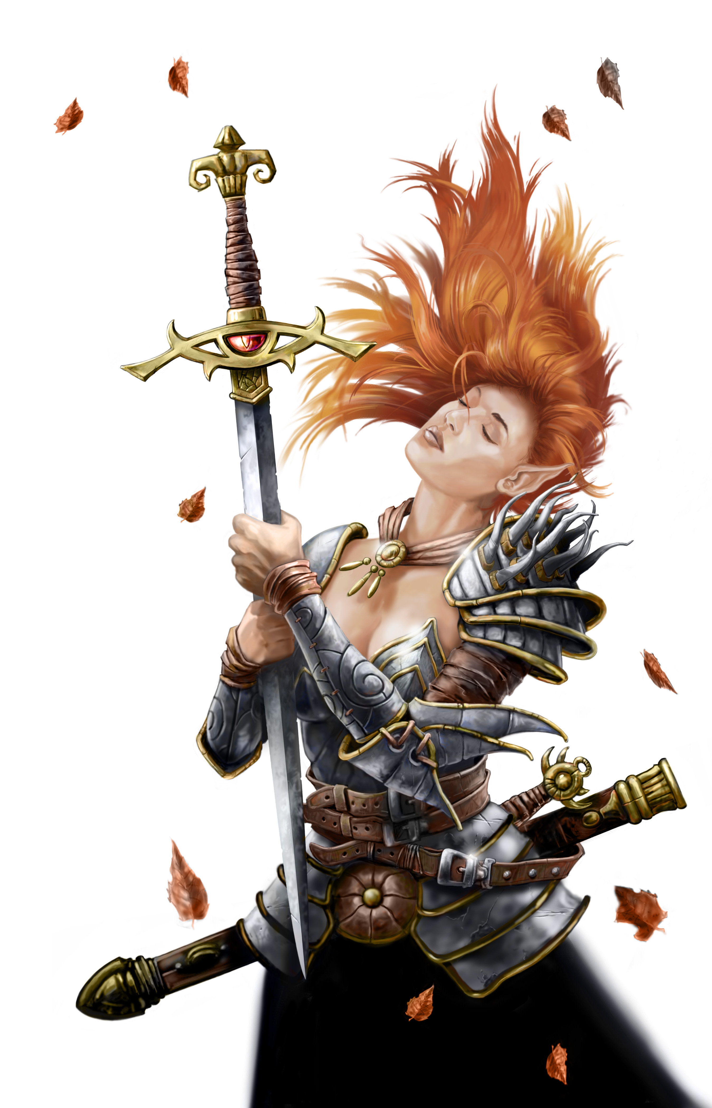 aribeth, aribeth de tylmarande, dungeons & dragons, dungeons & dragons, neverwinter nights, absurdres, artist request, highres, photoshop (medium), 1girl, armor, armored dress, autumn leaves, belt, dagger, dress, elf, falling leaves, female focus, holding, holding sword, holding weapon, jewelry, knife, leaf, necklace, paladin, pointy ears, red hair, sheath, simple background, skirt, solo, sword, weapon, white background