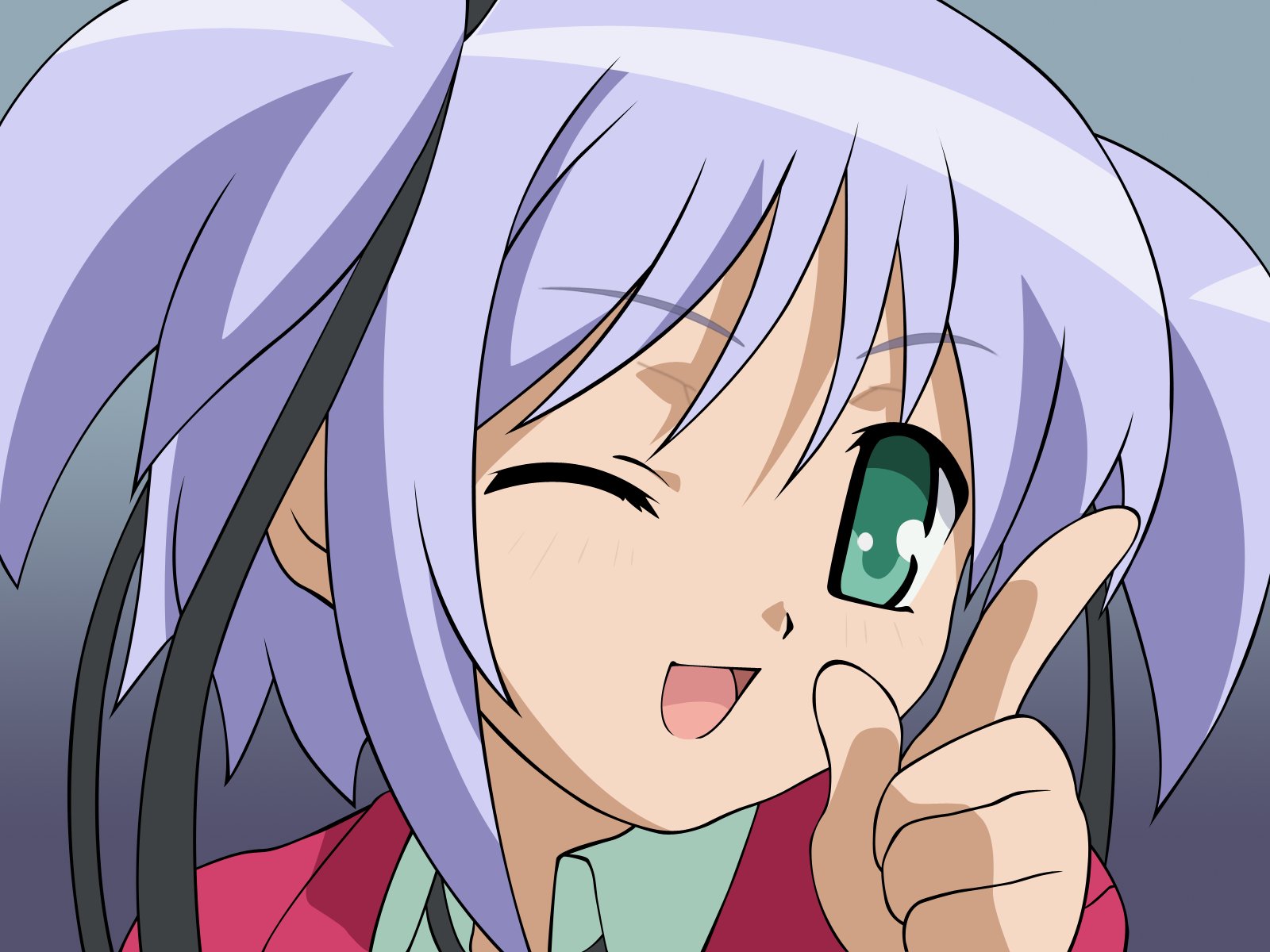mitsukai dokuro, bokusatsu tenshi dokuro-chan, derivative work, highres, tagme, vector trace, 00s, anime coloring, collared shirt, gradient background, one eye closed, portrait, shirt, solo, two side up, wink