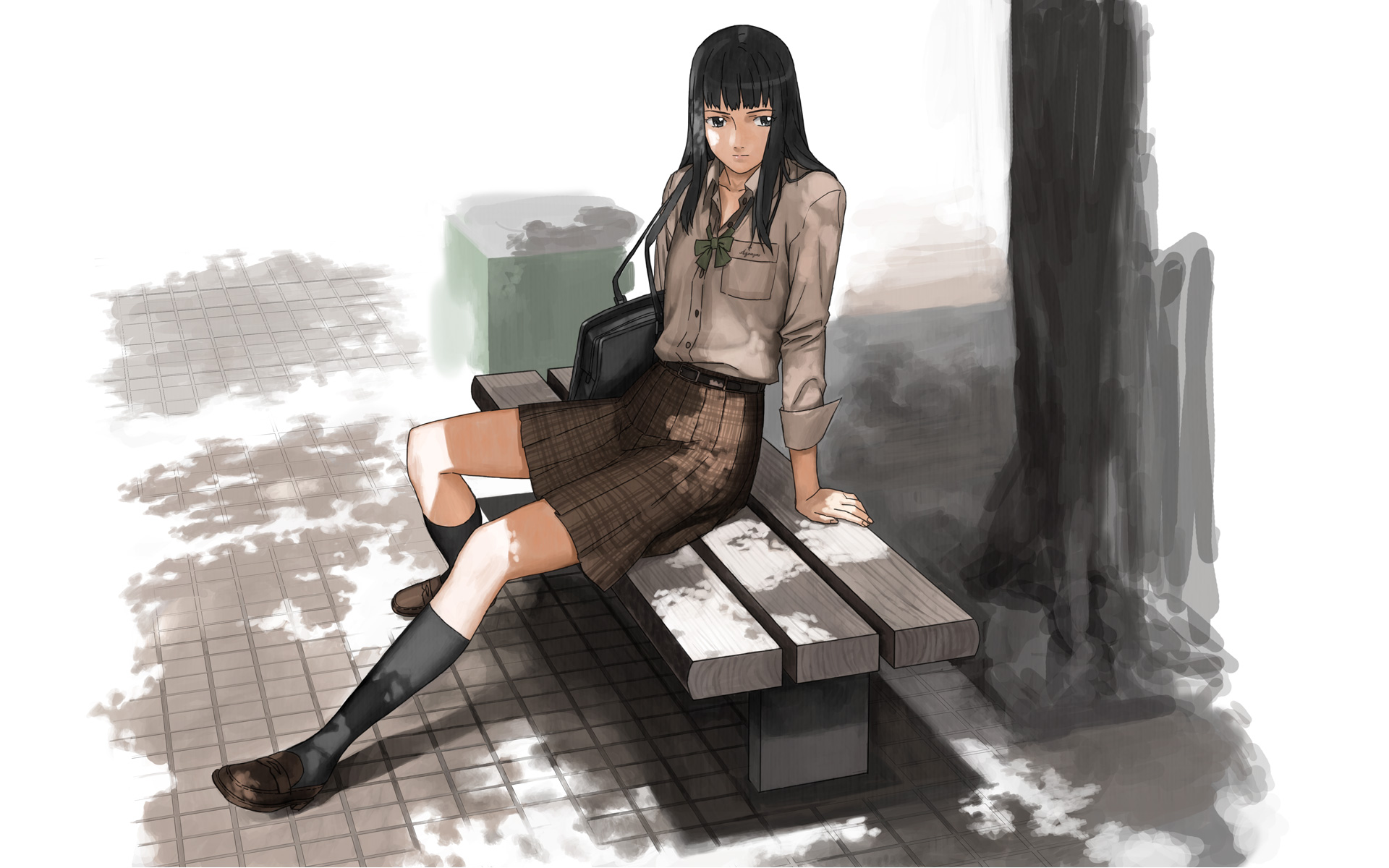 original, highres, 1girl, arm support, bench, black hair, brown shoes, dappled sunlight, female focus, full body, long hair, long sleeves, outdoors, plaid clothes, plaid skirt, pleated skirt, school uniform, serafuku, shoes, skirt, solo, sunlight