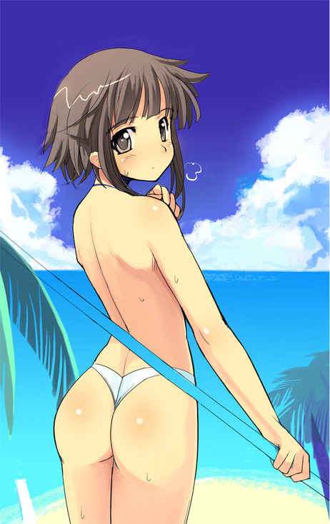 sikorsky, 1girl, ass, back, beach, bikini, blush, brown eyes, brown hair, cloud, day, female focus, from behind, looking back, ocean, outdoors, short hair, sky, solo, standing, sweat, swimsuit, thong bikini, topfreedom, topless female, water, white bikini
