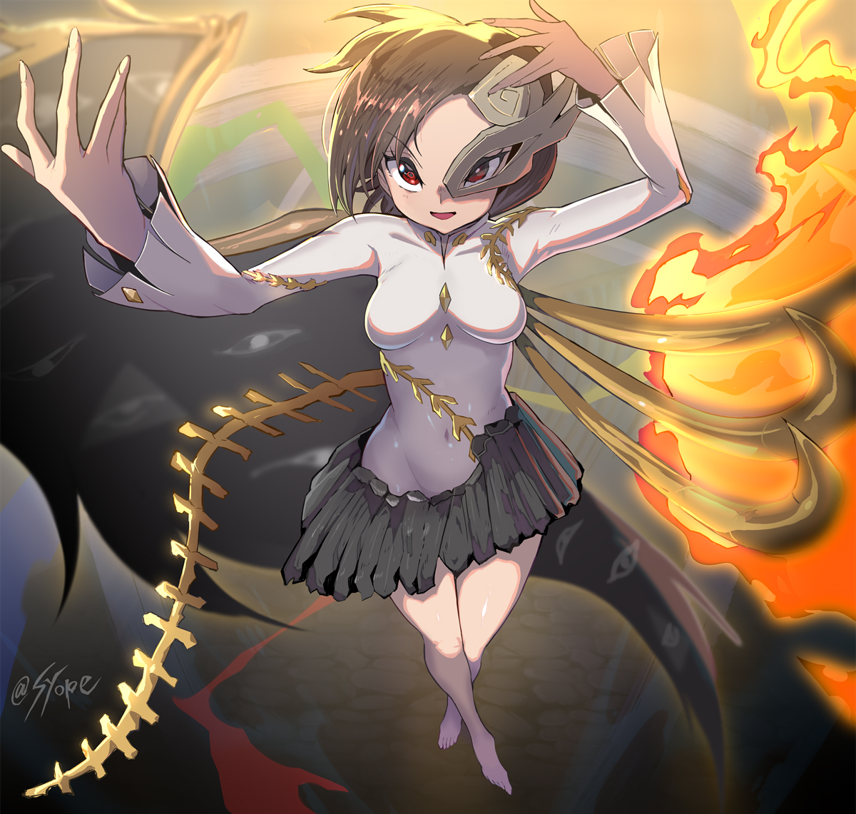 syope, iwanaga ariya, fossilized wonders, touhou, asymmetrical wings, brown mask, eye print, fiery wings, half mask, mask, mask over one eye, ribbon around body, skeletal clothes, skeletal tail, skeletal wings, wings