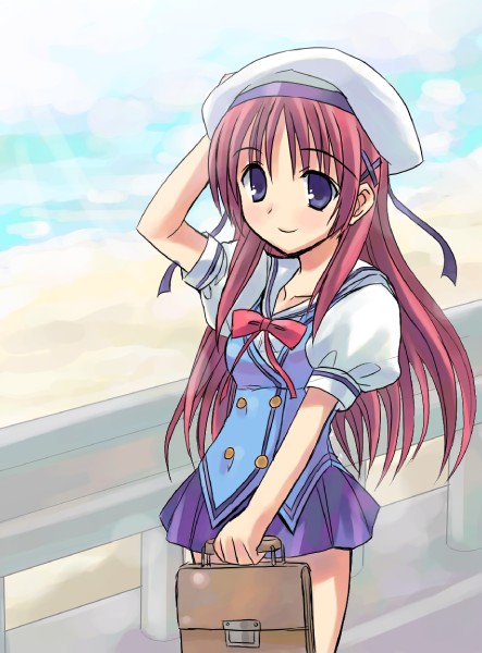 otoutogimi, shirakawa kotori, da capo, da capo i, 00s, 1girl, bag, beret, black eyes, female focus, guard rail, hand on own head, hat, long hair, red hair, school bag, school uniform, solo