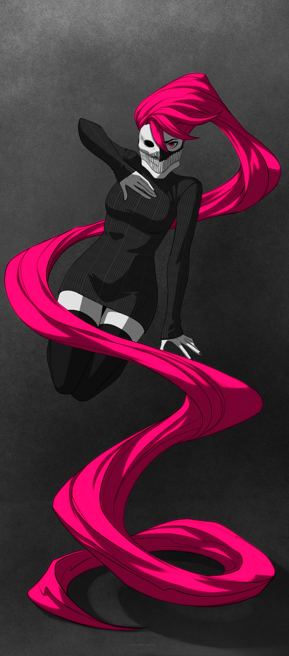 punchingwater, acrobatic silky (dandadan), shiratori aira (dandadan), dandadan, highres, 1girl, absurdly long hair, alternate form, asymmetrical mask, black dress, black thighhighs, dress, grey background, long hair, looking at viewer, mask, pink eyes, pink hair, solo, thighhighs, very long hair