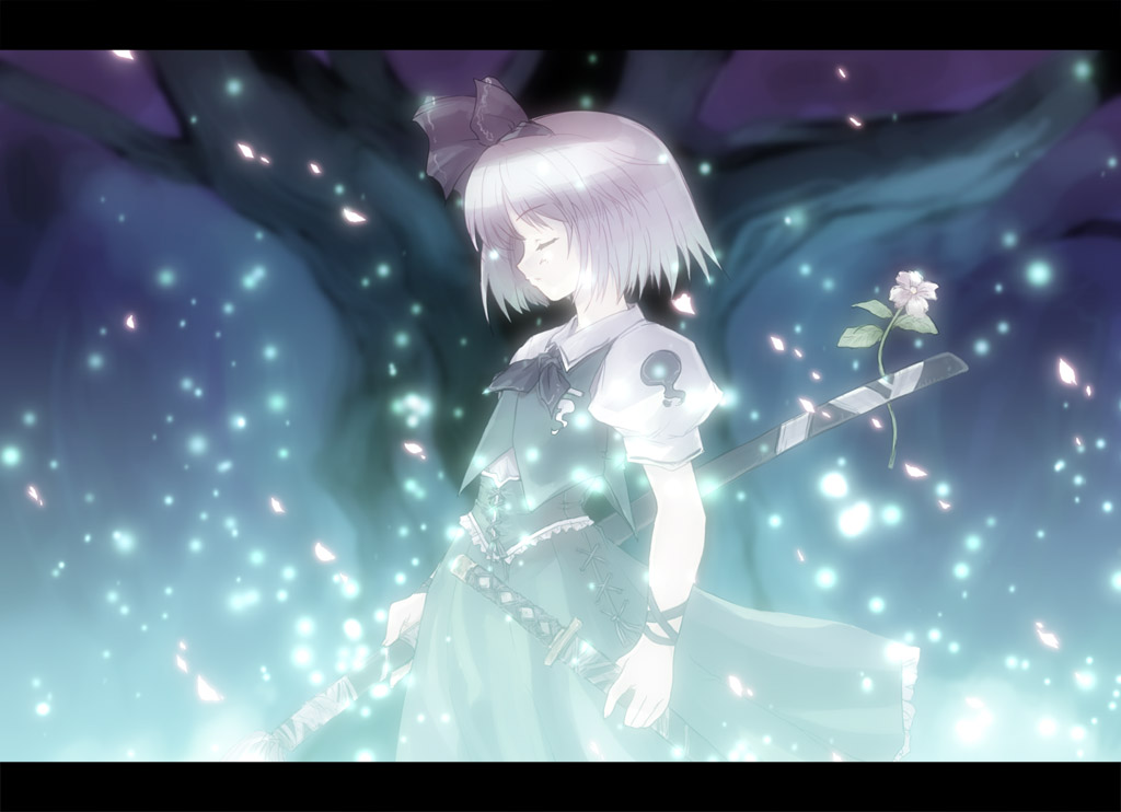 tokiame, konpaku youmu, saigyou ayakashi, touhou, silver hair, 1girl, ascot, bob cut, bow, cherry blossoms, closed eyes, corset, energy, female focus, flower, glowing, hair bow, hairband, katana, letterboxed, nature, night, outdoors, petals, plant, profile, puffy sleeves, sheath, sheathed, shirt, short hair, skirt, skirt set, solo, sword, tree, vest, weapon