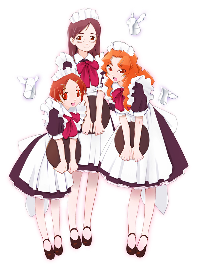 miito shido, 3girls, bent over, bonnet, bow, brown hair, female focus, full body, glasses, maid, maid headdress, multiple girls, orange hair, purple hair, red hair, ribbon, standing, tray, waitress, white background