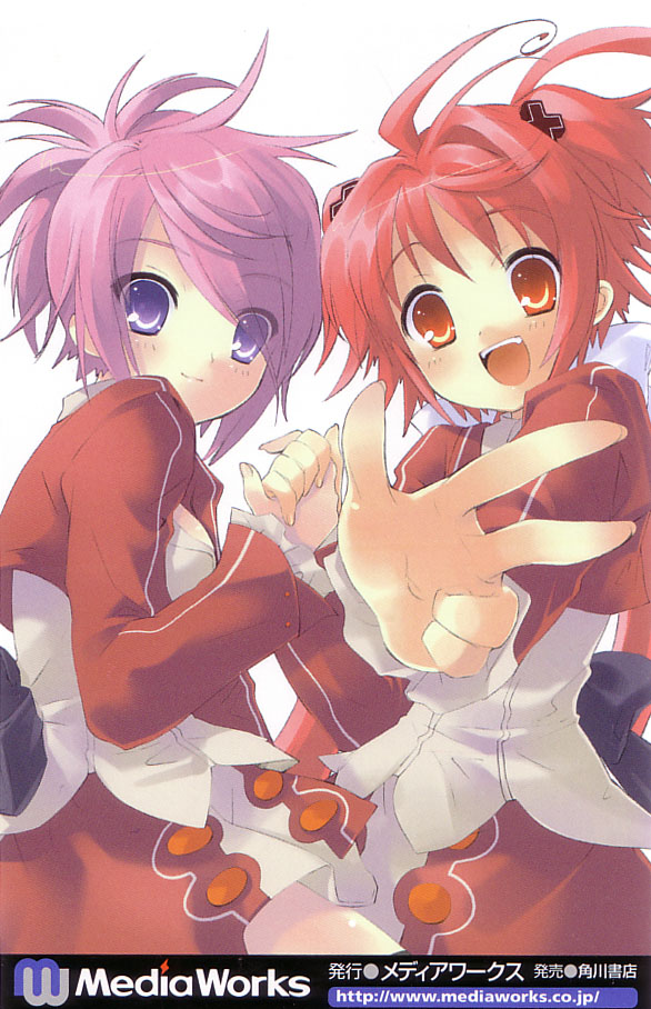 ito noizi, akizuki nagi, momose hikaru, peace@pieces, 2girls, ahoge, blue eyes, hair intakes, multiple girls, pink hair, ponytail, purple eyes, red eyes, red hair, simple background, watermark, web address, white background