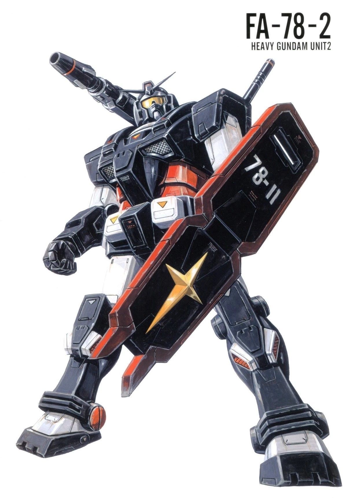 ookawara kunio, heavy gundam, gundam, gundam msv, 1980s (style), highres, magazine scan, official art, painting (medium), scan, traditional media, beam cannon, character name, damaged, dirty, earth federation, looking at viewer, machinery, mecha, mecha focus, mobile suit, no humans, oldschool, realistic, retro artstyle, robot, roundel, science fiction, shield, shoulder cannon, v-fin, yellow visor