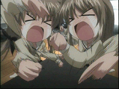 shirogane sara, shirogane souju, futakoi, futakoi alternative, animated, animated gif, anime screenshot, lowres, > <, 00s, 2girls, closed eyes, multiple girls, ribbon, siblings, sisters, tears, twins