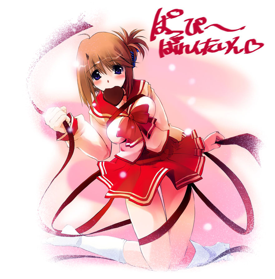 nagare hyougo, komaki manaka, to heart (series), to heart 2, 00s, 1girl, breasts, brown hair, candy, chocolate, chocolate heart, female focus, folded ponytail, food, happy valentine, heart, impossible clothes, impossible shirt, medium breasts, mouth hold, purple eyes, school uniform, serafuku, shirt, skirt, socks, solo, valentine, white socks