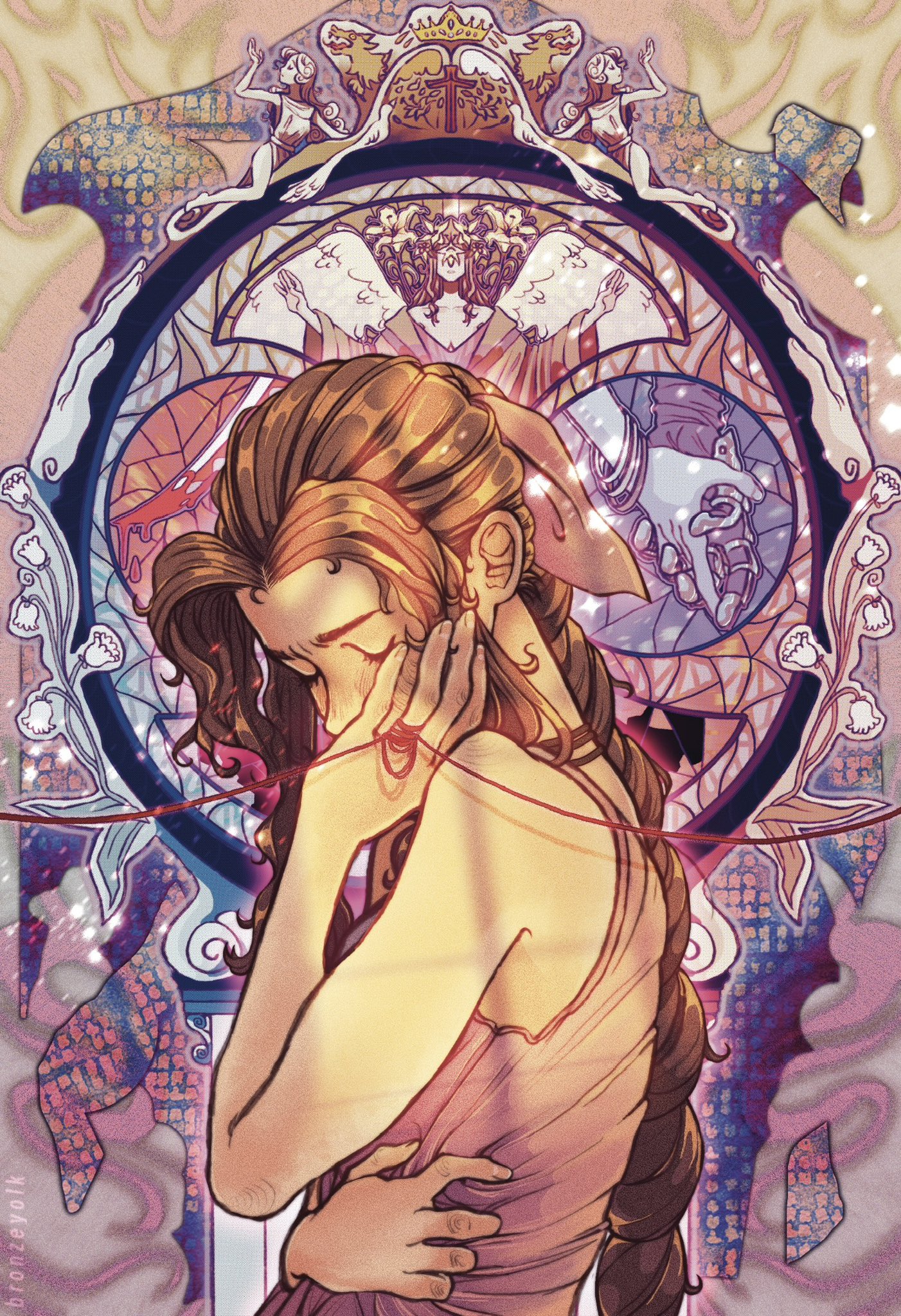 aerith gainsborough, cloud strife, final fantasy, final fantasy vii, final fantasy vii rebirth, final fantasy vii remake, highres, 1girl, angel wings, armored gloves, bangle, bare shoulders, blood, bloody weapon, bracelet, braid, braided ponytail, bronzeyolk, brown gloves, brown hair, choker, closed eyes, clutching clothes, cross, crown, dress, flower, furrowed brow, gloves, hair ribbon, hand on own cheek, hand on own face, holding hands, interlocked fingers, jewelry, lily (flower), long hair, masamune (ff7), outstretched arms, parted bangs, pink dress, pink ribbon, ribbon, sidelocks, single braid, sleeveless, sleeveless dress, solo focus, stained glass, string, string of fate, upper body, weapon, wings, yellow flower