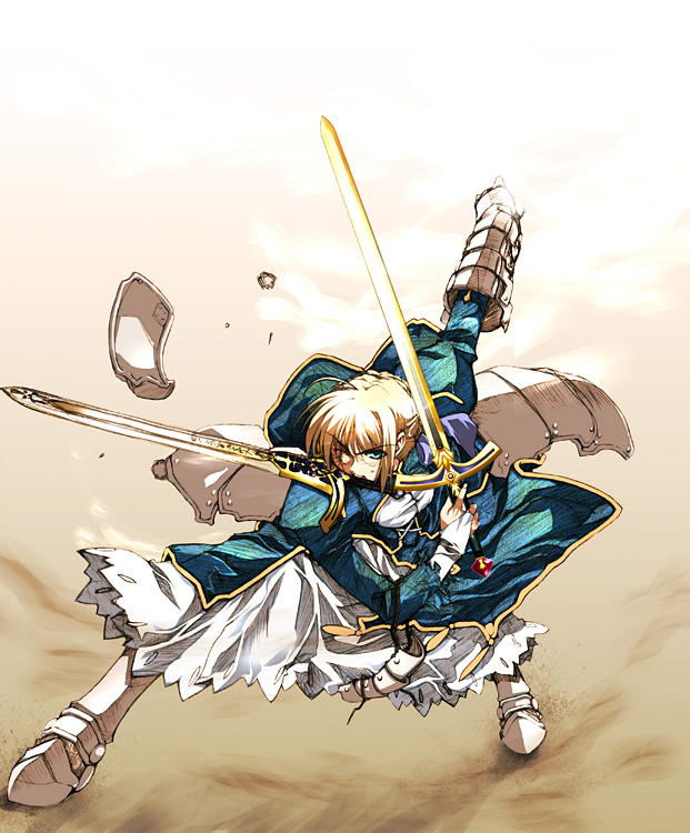 akari maki, artoria pendragon (fate), saber (fate), fate/stay night, fate (series), 00s, 1girl, ahoge, armor, armored dress, blonde hair, caliburn (fate), dress, dual wielding, excalibur (fate/stay night), faulds, female focus, gauntlets, greaves, green eyes, hair ribbon, holding, mouth hold, one eye closed, ribbon, solo, sword, weapon, wink