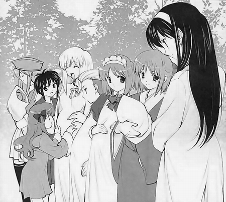 naruse hirofumi, arima miyako, hisui (tsukihime), kohaku (tsukihime), misawa hanei, seo akira, sion eltnam (type-moon), sion eltnam atlasia, tohno akiha, tsukihime souka, kagetsu tooya, melty blood, tsukihime, jpeg artifacts, lowres, 00s, 6+girls, :d, ^ ^, baby, bow, bowtie, closed eyes, dress, greyscale, hat, long hair, maid, maid headdress, miniskirt, monochrome, multiple girls, open mouth, outdoors, pleated skirt, pregnant, red theme, siblings, sisters, skirt, smile, thighhighs, tree, twins, wide sleeves, widow's peak, zettai ryouiki