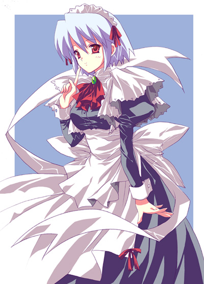 kotonomiya yuki, suigetsu, blue hair, bonnet, bow, brooch, jewelry, maid, maid headdress, red eyes, ribbon, short hair, sleeve cuffs, solo