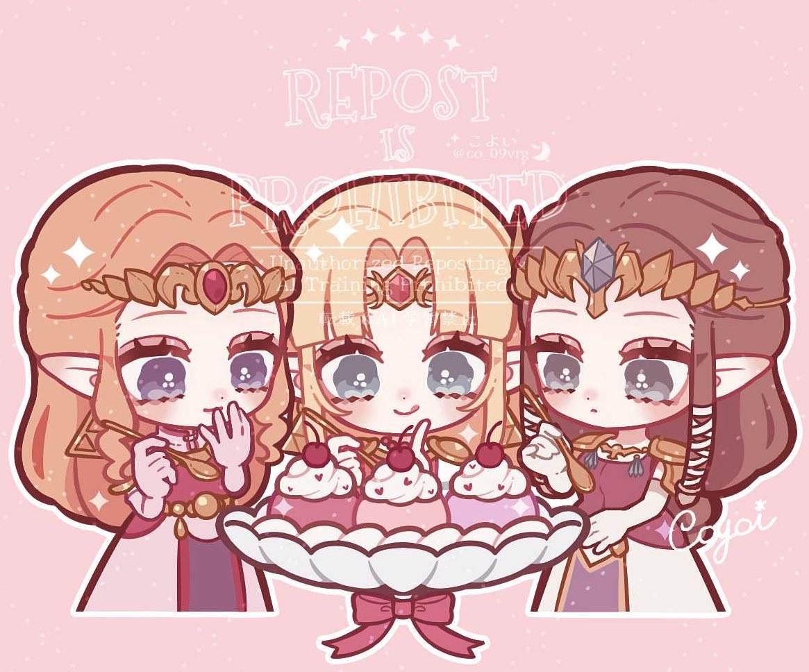 co 09vrg, nintendo, the legend of zelda, the legend of zelda: a link between worlds, the legend of zelda: ocarina of time, the legend of zelda: twilight princess, 3girls, armor, blonde hair, blue gemstone, brown hair, chibi, chibi only, dessert, dress, earrings, elbow gloves, food, gem, gloves, gold earrings, hair ribbon, hand to own mouth, holding, holding spoon, jewelry, long hair, multiple girls, parted bangs, pink background, pink dress, pink gloves, pointy ears, red gemstone, ribbon, shoulder armor, sidelocks, smile, sparkle, spoon, tiara, tongue, tongue out, triforce, upper body, white ribbon