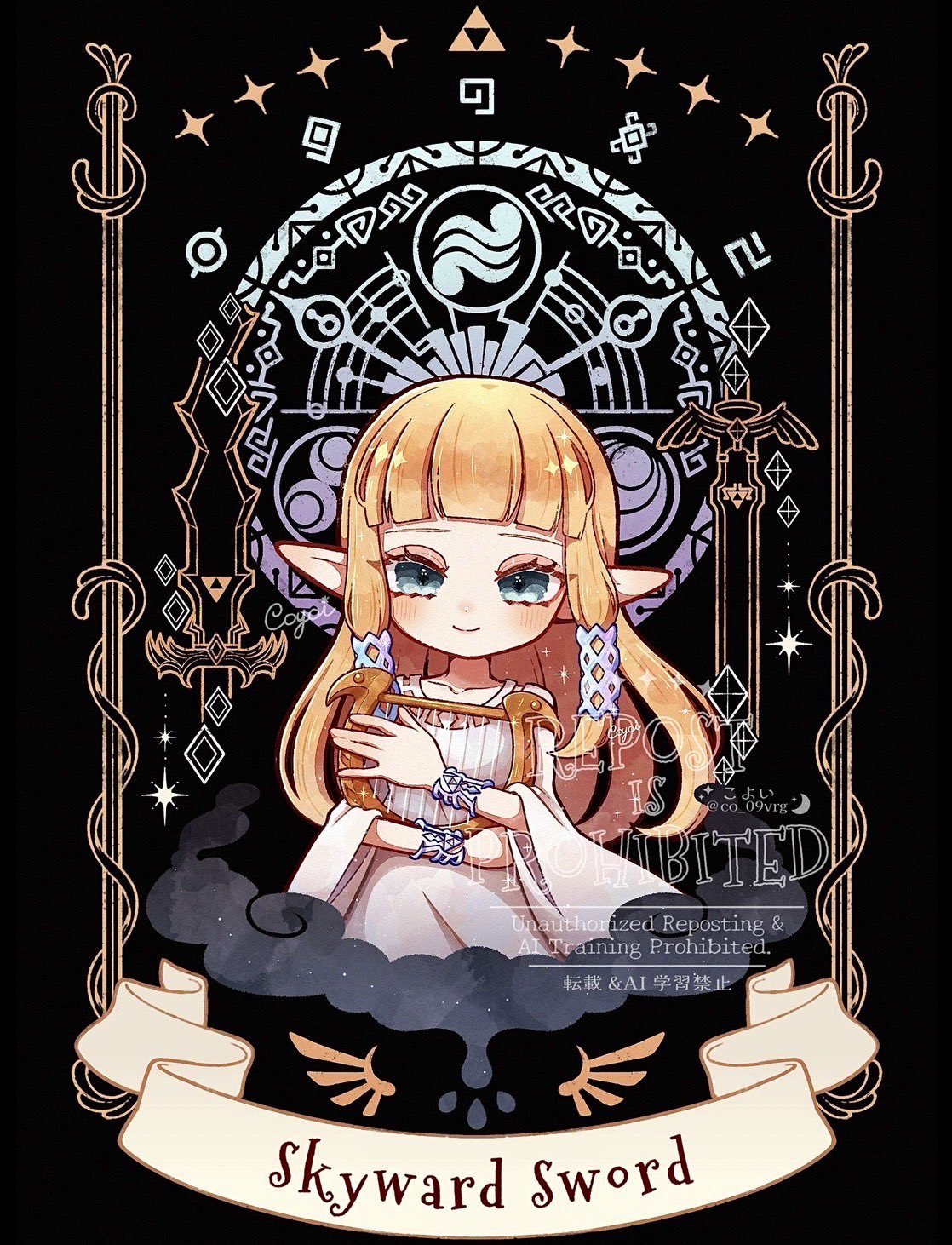 co 09vrg, princess zelda, nintendo, the legend of zelda, the legend of zelda: skyward sword, highres, 1girl, aqua eyes, blunt bangs, bracer, chibi, chibi only, copyright name, dress, hair ribbon, holding, holding instrument, holding lyre, instrument, light blush, long hair, looking at viewer, lyre, pointy ears, ribbon, sidelocks, smile, solo, triforce, upper body, white dress, white ribbon
