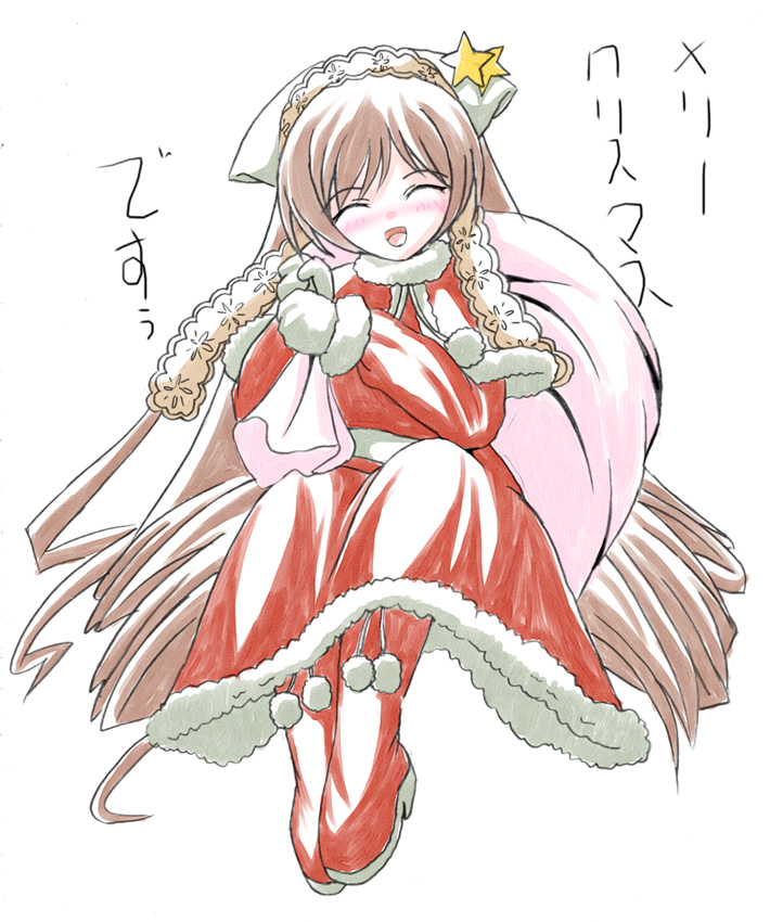 imai kazunari, suiseiseki, rozen maiden, 00s, 1girl, bag, blush, christmas, closed eyes, dress, female focus, headscarf, heterochromia, long hair, mittens, open mouth, santa costume, santa dress, smile, solo, very long hair, white headscarf, white mittens