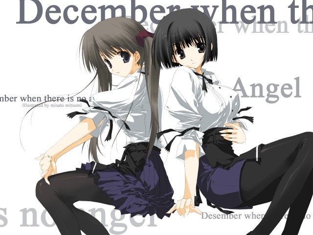 mitsumi misato, asou asuna, sumadera yukio, tenshi no inai 12-gatsu, 2girls, apron, black hair, breasts, brown hair, english text, female focus, multiple girls, pantyhose, short hair, sitting, twintails, waist apron, waitress, white background