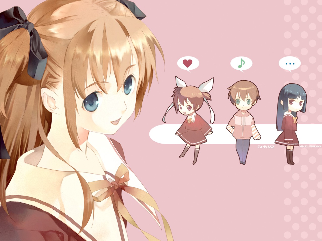 hagino kana, housen elis, kikyou kiri, misaki sumire, canvas (cocktail soft), canvas 2, …, 00s, 1boy, 4girls, blonde hair, brown hair, chibi, chibi inset, copyright name, full body, heart, hime cut, kneehighs, looking at viewer, multiple girls, musical note, neck ribbon, ribbon, school uniform, serafuku, short hair, socks, spoken ellipsis, spoken heart, spoken musical note, twintails, two side up