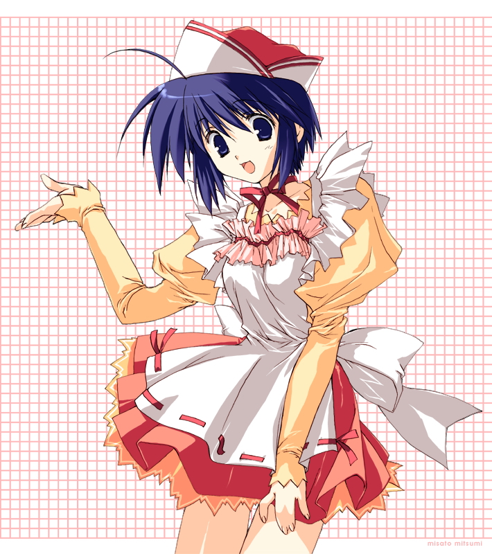 mitsumi misato, original, 1girl, ahoge, breasts, cowboy shot, female focus, hair between eyes, ribbon, solo, standing, waitress