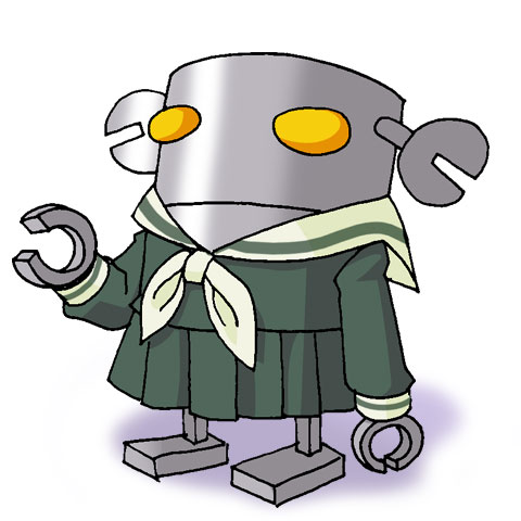 mechazawa shin'ichi, maria-sama ga miteru, sakigake!! cromartie koukou, lowres, tagme, blouse, clothed robot, crossover, green shirt, non-humanoid robot, parody, robot, school uniform, serafuku, shirt, solo, white background