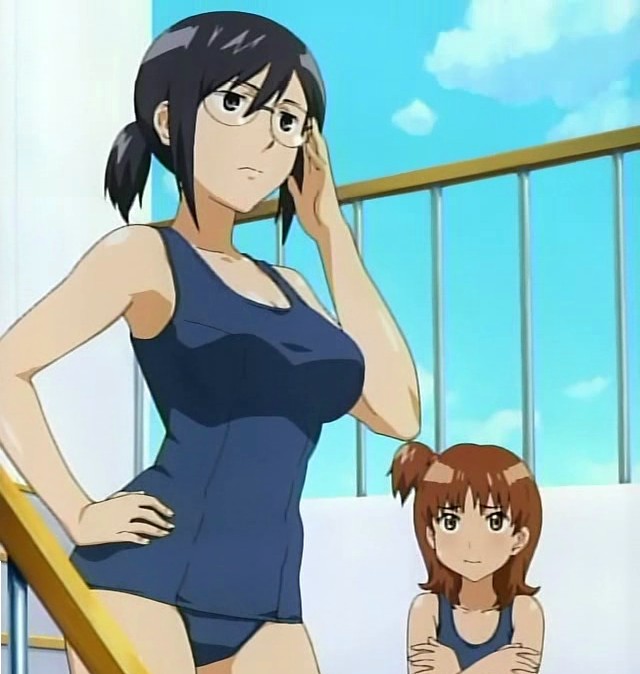 hida sayuri, tsunomoto rein, gokujou seitokai, anime screenshot, 00s, adjusting eyewear, glasses, one-piece swimsuit, school swimsuit, side ponytail, swimsuit