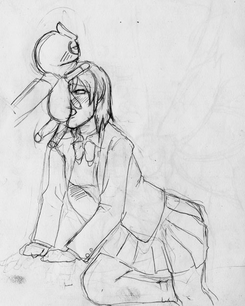 pucchan, gokujou seitokai, 00s, 1girl, fellatio, greyscale, monochrome, oral, penis, puppet, sketch, solo focus