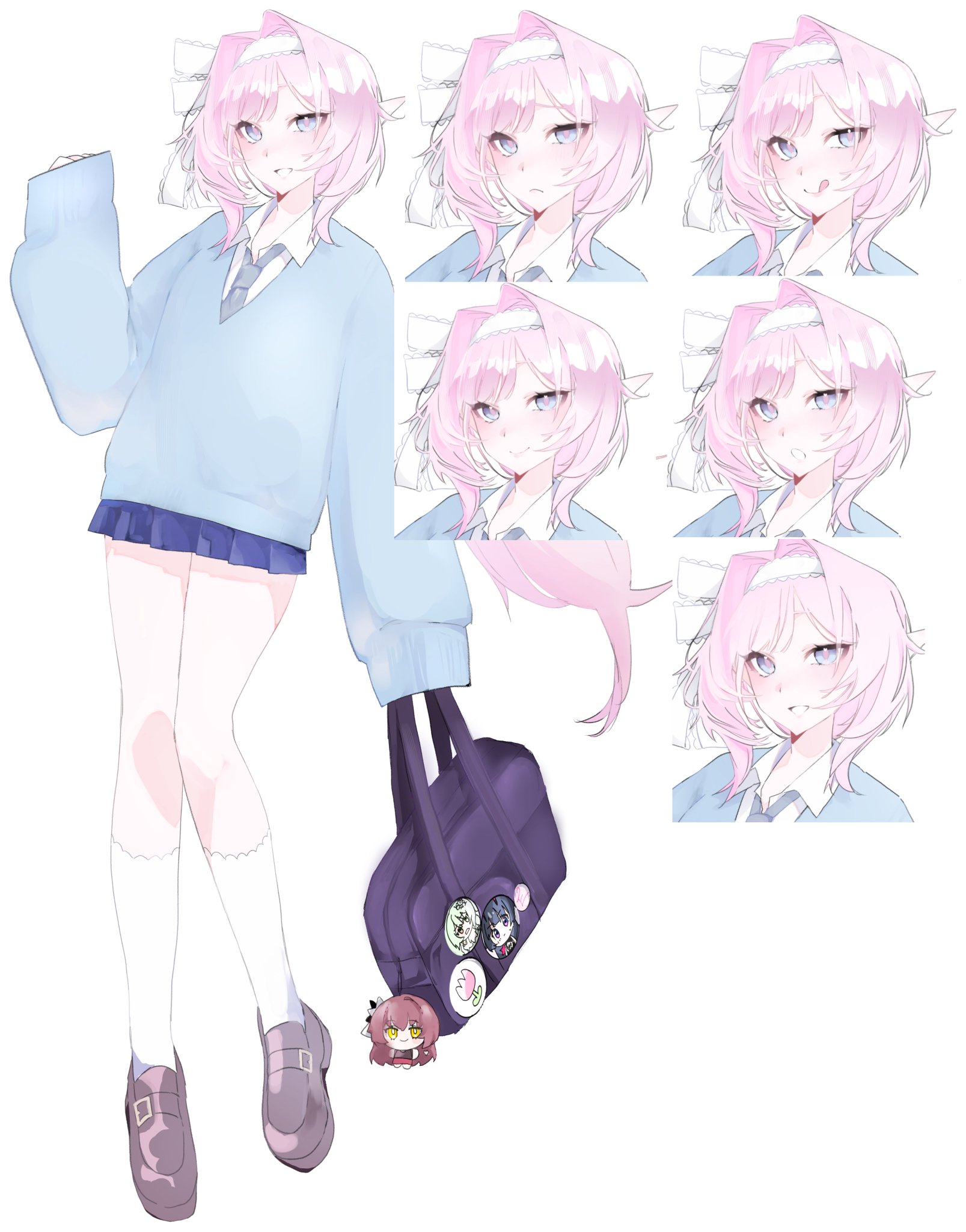 fuahina, eden (honkai impact), minis, honkai (series), honkai impact 3rd, commentary request, highres, 1girl, :o, alternate costume, bag, blue eyes, blue necktie, blue skirt, blue sweater, brown shoes, elf, hair ornament, hairband, holding, holding bag, licking, long hair, microskirt, multiple expressions, necktie, parted lips, pink hair, pointy ears, shirt, shoes, simple background, skirt, smile, socks, sweater, thighs, white background, white hairband, white shirt, white socks