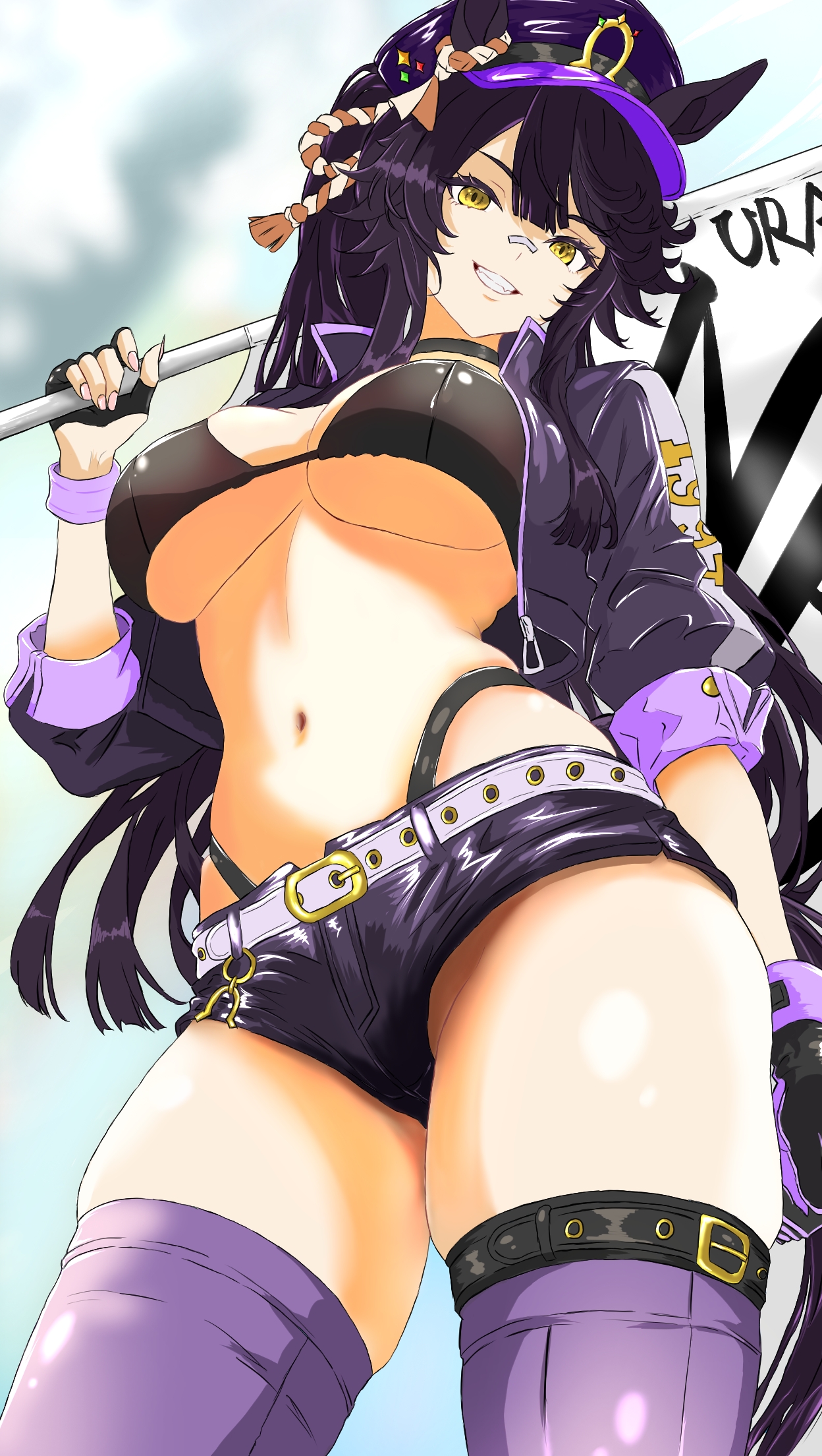 judgement (garogold7), narita brian (umamusume), umamusume, commentary request, highres, 1girl, alternate costume, animal ears, bandaid, bandaid on face, bandaid on nose, belt, bikini, black bikini, black choker, black hair, black hat, breasts, choker, cleavage, cowboy shot, cropped jacket, ear ornament, flagpole, grin, hair between eyes, hat, holding, holding pole, horse ears, horse girl, horse tail, jacket, large breasts, leather, leather jacket, long hair, navel, open clothes, open jacket, peaked cap, pole, purple thighhighs, race queen, rope, shimenawa, smile, solo, stomach, swimsuit, tail, thighhighs, very long hair, white belt
