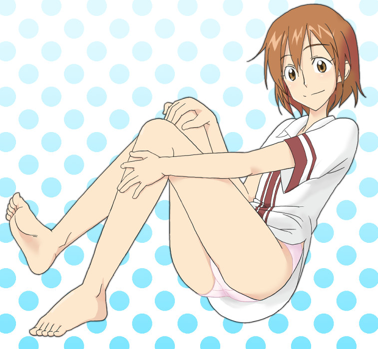 kinjo nanaho, kinjou nanaho, gokujou seitokai, 00s, 1girl, barefoot, bottomless, brown eyes, brown hair, feet, female focus, legs, no pants, panties, shirt, sitting, soles, solo, toes, underwear, white panties