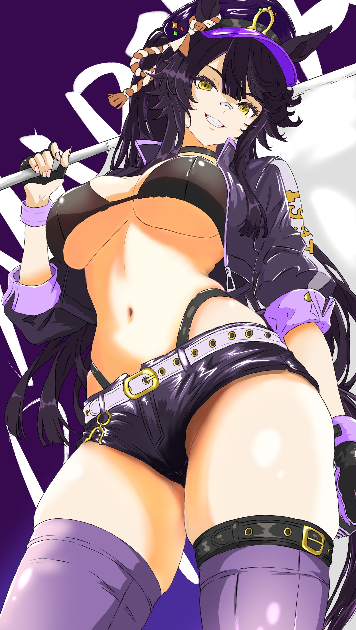 judgement (garogold7), narita brian (umamusume), umamusume, commentary request, highres, 1girl, alternate costume, animal ears, bandaid, bandaid on face, bandaid on nose, belt, bikini, black bikini, black choker, black hair, black hat, breasts, choker, cleavage, cowboy shot, cropped jacket, ear ornament, flagpole, grin, hair between eyes, hat, holding, holding pole, horse ears, horse girl, horse tail, jacket, large breasts, leather, leather jacket, long hair, navel, open clothes, open jacket, peaked cap, pole, purple thighhighs, race queen, rope, shimenawa, smile, solo, stomach, swimsuit, tail, thighhighs, very long hair, white belt