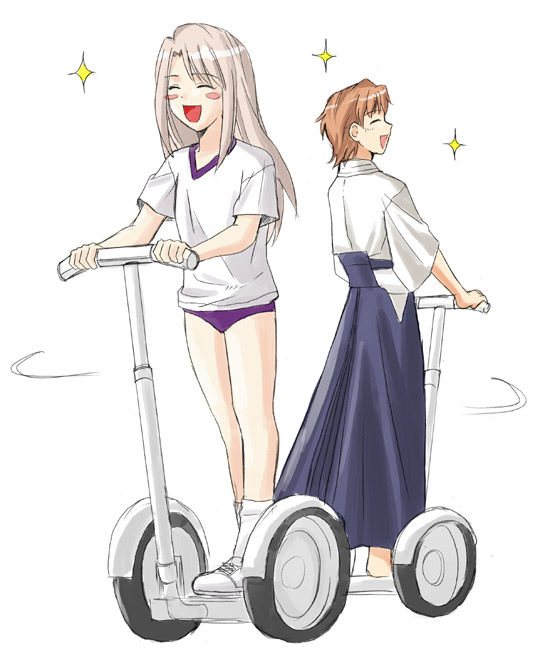 toshibou (satsukisou), fujimura taiga, illyasviel von einzbern, fate/stay night, fate (series), 00s, 2girls, blush stickers, brown hair, buruma, gym uniform, long hair, multiple girls, official alternate costume, open mouth, purple buruma, segway, short hair, smile, sparkle, white hair