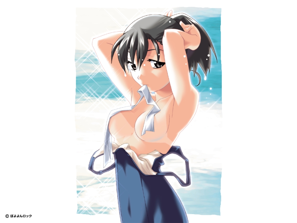 watanabe akio, 1girl, adjusting hair, armpits, bikini tan, black eyes, black hair, clothes pull, female focus, mouth hold, one-piece swimsuit, one-piece swimsuit pull, school swimsuit, solo, swimsuit, tan, tanline, topless female, upper body