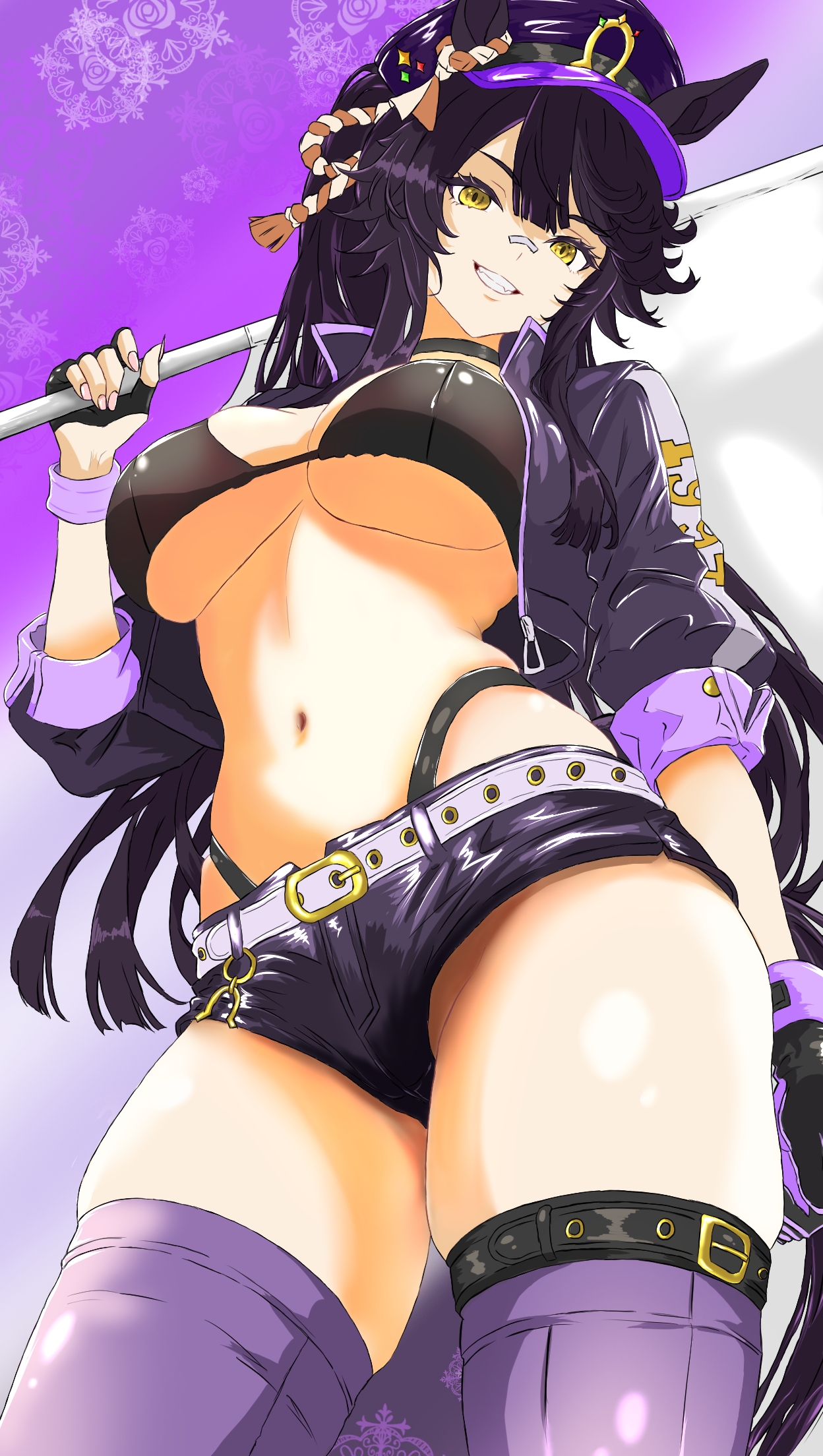 judgement (garogold7), narita brian (umamusume), umamusume, commentary request, highres, 1girl, alternate costume, animal ears, bandaid, bandaid on face, bandaid on nose, belt, bikini, black bikini, black choker, black hair, black hat, breasts, choker, cleavage, cowboy shot, cropped jacket, ear ornament, flagpole, grin, hair between eyes, hat, holding, holding pole, horse ears, horse girl, horse tail, jacket, large breasts, leather, leather jacket, long hair, navel, open clothes, open jacket, peaked cap, pole, purple thighhighs, race queen, rope, shimenawa, smile, solo, stomach, swimsuit, tail, thighhighs, very long hair, white belt