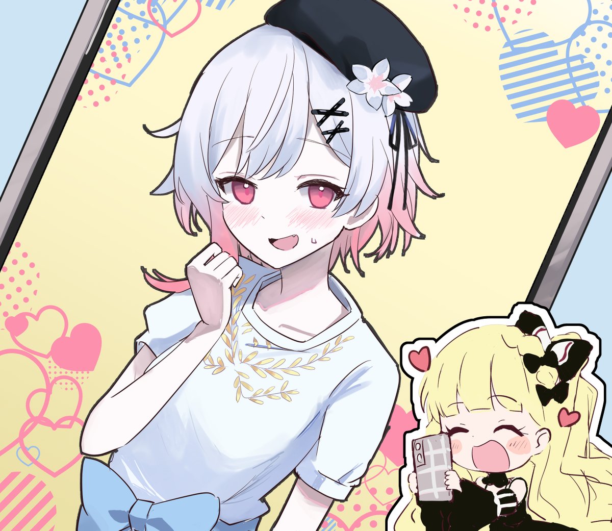 saeki miria, sakuraba ema, mahou shoujo no majo saiban, 2girls, alternate costume, beret, black dress, black hat, blonde hair, blue ribbon, breasts, cellphone, chibi, closed mouth, dress, dutch angle, fang, flower, gradient hair, hair flower, hair ornament, hat, heart, holding, holding phone, keise1018, long hair, looking at viewer, multicolored hair, multiple girls, open mouth, phone, pink eyes, pink hair, ribbon, shirt, short hair, short sleeves, small breasts, smartphone, smile, solo focus, sweatdrop, upper body, very long hair, white flower, white hair, white shirt, x hair ornament