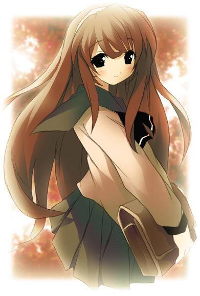 kantoku, yorutsuki, yorutsuki (nishio ishin), kimi to boku no kowareta sekai, 1girl, bag, brown hair, cowboy shot, female focus, holding, holding bag, long hair, pleated skirt, school uniform, serafuku, skirt, solo