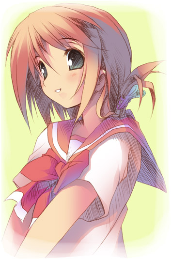 kantoku, komaki manaka, to heart (series), to heart 2, 00s, 1girl, female focus, folded ponytail, green background, school uniform, serafuku, solo