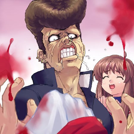 zen, miyazawa yukine, clannad, lowres, 00s, 1boy, 1girl, angry, banchou, blood, clenched teeth, closed eyes, constricted pupils, delinquent, ear piercing, embarrassed, face piercing, furious, gakuran, looking at viewer, nervous, nose piercing, nose ring, oekaki, open mouth, piercing, pompadour, pov, saliva, scar, school uniform, serafuku, teeth, veins, violence