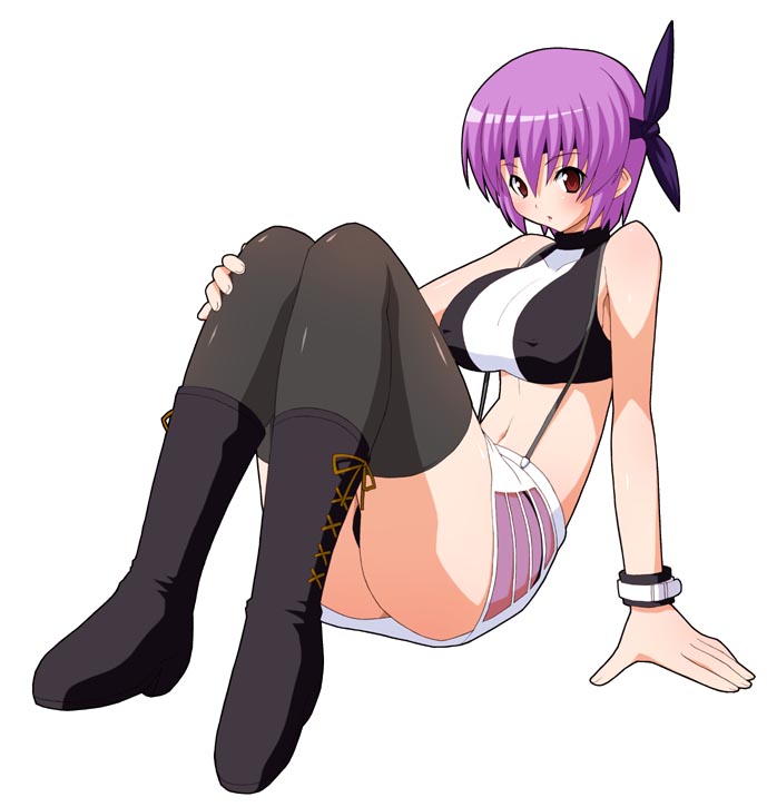 shishimaru ken'ya, ayane (doa), dead or alive, tecmo, 1girl, black panties, black thighhighs, boots, breasts, covered erect nipples, crop top, female focus, halterneck, headband, large breasts, latex, midriff, miniskirt, panties, pantyshot, pencil skirt, purple hair, red eyes, short hair, sitting, skirt, solo, suspenders, thighhighs, thighs, underwear, upskirt
