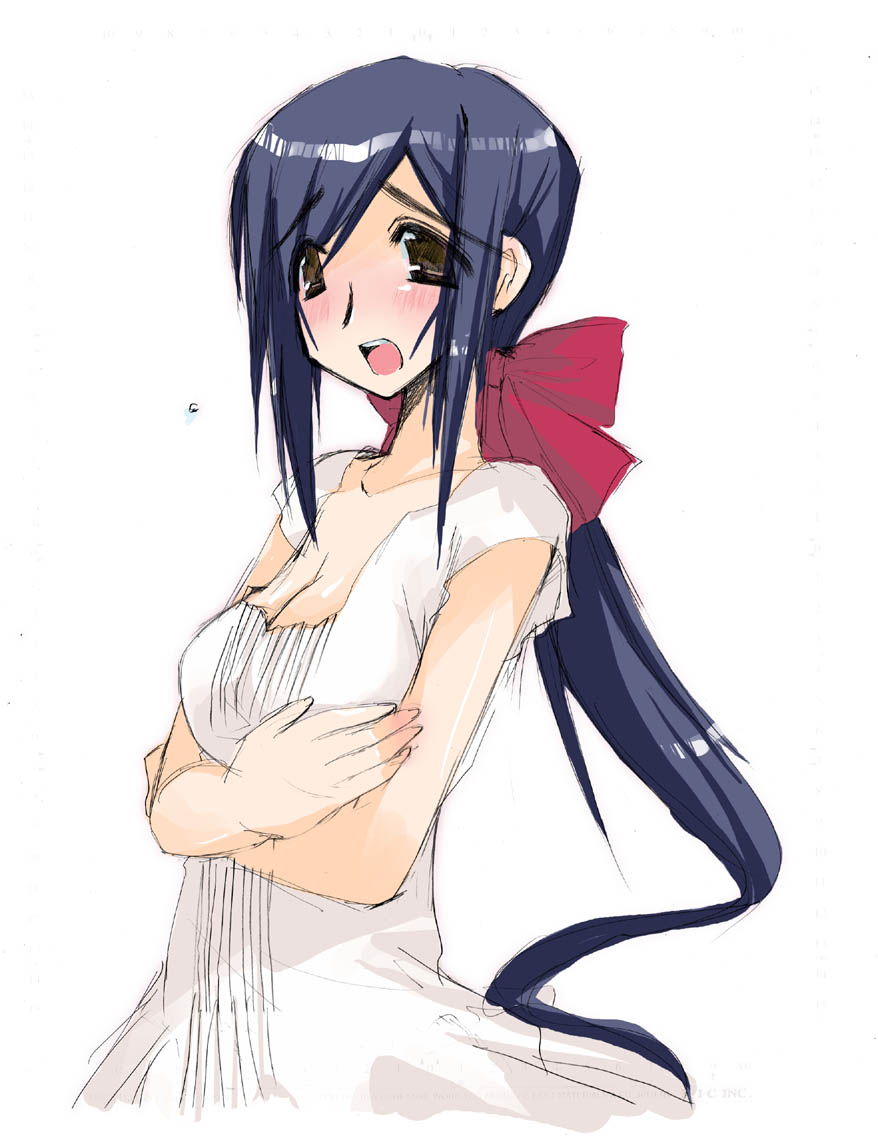 hairan, original, 1girl, black hair, blush, bow, breasts, brown eyes, cleavage, dress, female focus, ponytail, sketch, solo