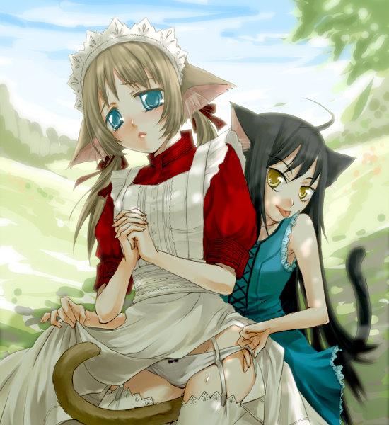 shimabara (switch), original, 2girls, ahoge, animal ears, black hair, blonde hair, blue eyes, bonnet, bow, bow panties, cat ears, cat girl, cat tail, clothes lift, garter belt, lingerie, maid, maid headdress, multiple girls, panties, panty pull, skirt, skirt lift, tail, tears, thighhighs, underwear, white panties, white thighhighs, yellow eyes, yuri