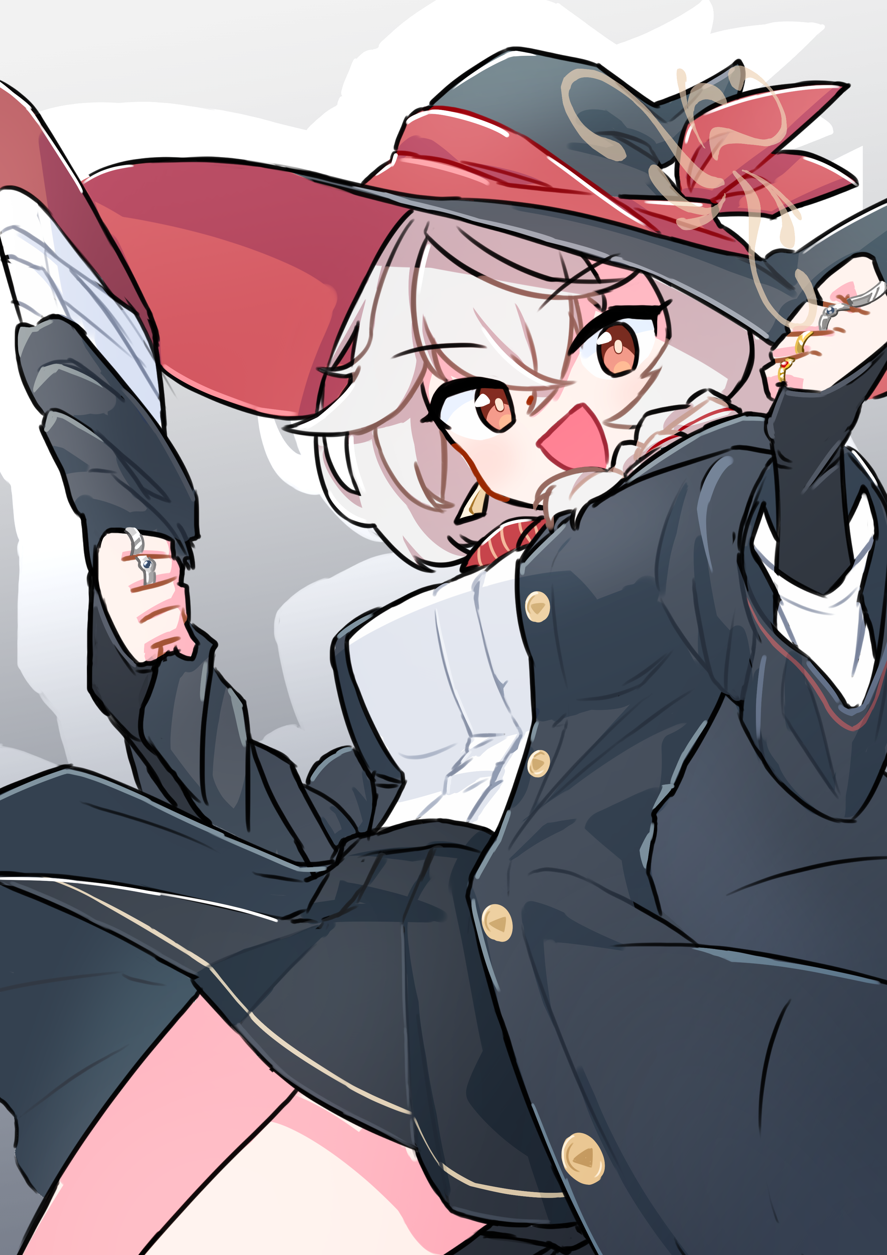 eri (blue archive), blue archive, :d, bow, bowtie, braid, earrings, eduald dayo, gun, halo, hat, holding, holding gun, holding weapon, jacket, jewelry, long coat, long hair, open mouth, orange eyes, ring, shirt, skirt, smile, sweater, thighs, weapon, white hair, witch hat