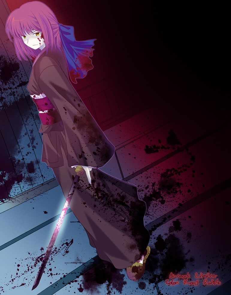 kohaku (tsukihime), tsukihime, 00s, 1girl, blood, blood on clothes, blood on face, blood splatter, bloody weapon, bow, female focus, hair bow, half updo, japanese clothes, kimono, obi, pink hair, ribbon, sash, slippers, solo, sword, weapon, yellow eyes