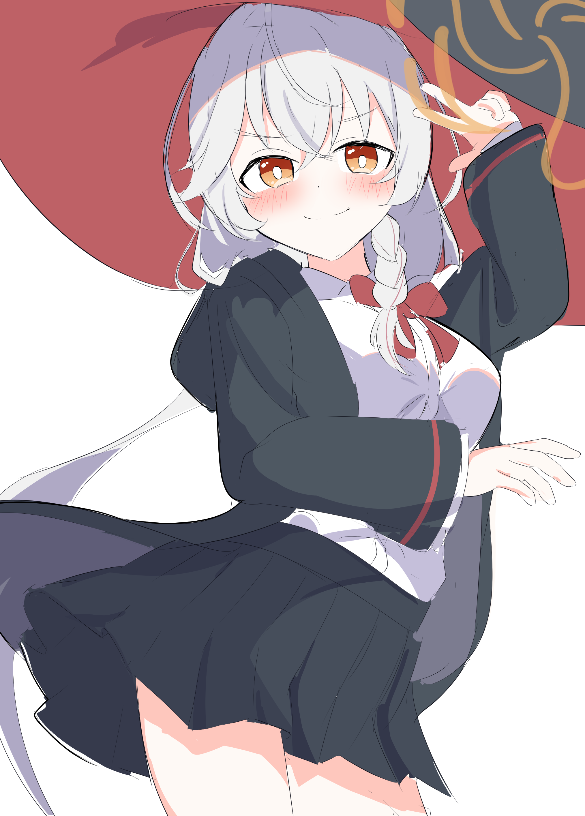 eri (blue archive), blue archive, bow, bowtie, braid, halo, hat, jacket, long coat, long hair, orange eyes, shirt, skirt, sweater, thighs, v, white hair, witch hat