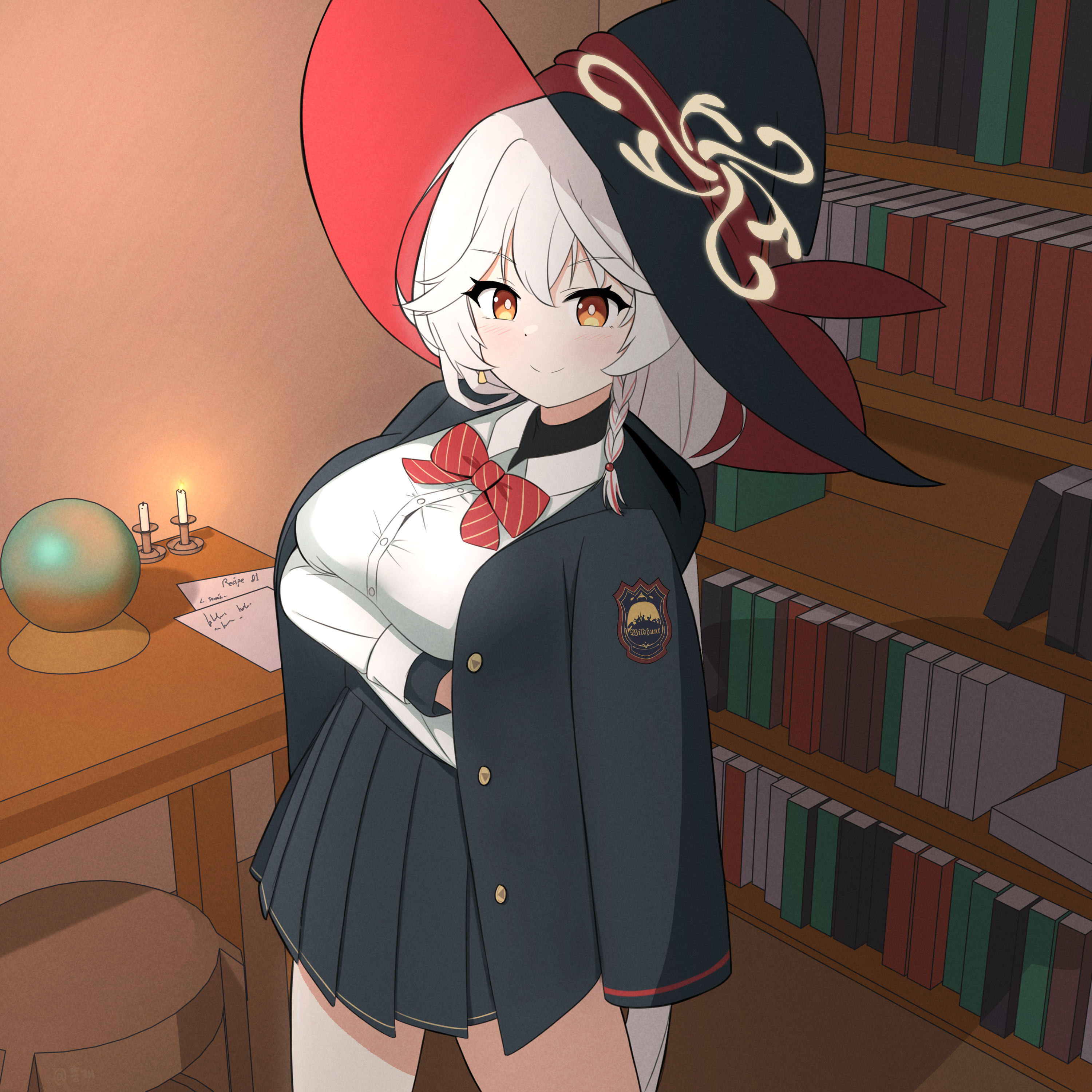 eri (blue archive), blue archive, book, bookshelf, bow, bowtie, braid, candle, chomgae, coat, coat on shoulders, crossed arms, earrings, halo, hat, jacket, jewelry, letter, long coat, long hair, orange eyes, orb, room, shirt, skirt, stool, sweater, white hair, witch hat